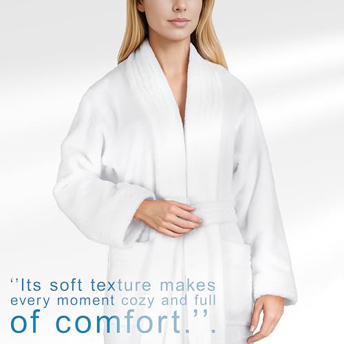 Image of American Soft Linen Women's Fleece Bathrobe - Luxury Soft, Plush, Fuzzy & Warm Turkish Robe for Women, Cozy Spa Quality Adult Bathroom Lounge Robe, White M