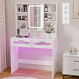 Hadulcet 35.5" Small Vanity Desk with Mirror and Lights, White LED Makeup Vanity Desk with 2 Acrylic Drawers, 6 Storage Shelves and Power Outlets for Girls Women Dressing Room
