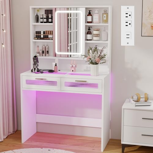 Hadulcet White Vanity Desk with Mirror and Lights, 35.5" Small