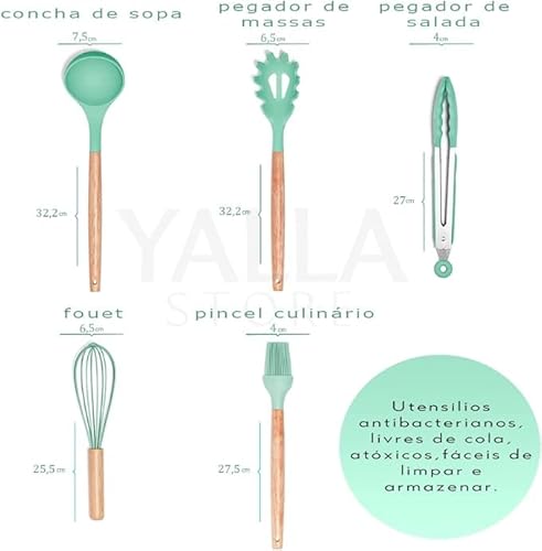 Jogo Utensílios de Cozinha em Silicone Madeira 12 Peças (Verde-água)