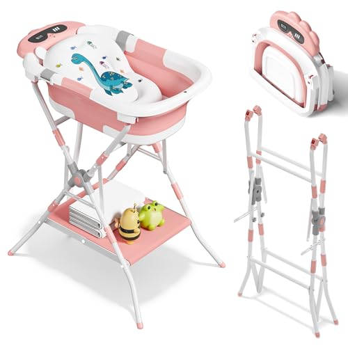 Image of 2-in-1 Baby Bath with Stand, Foldable Dinosaur Bathtub for Infant to Toddler, Portable Travel Tub with Soft Cushion for 0-18 Months, Pink