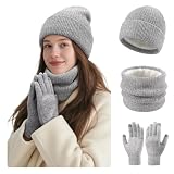 Damen Winter Set - Beanie Mütze, Loop Schal & Touchscreen Handschuhe - Fleece gefütterte 3er Set für Extreme Wärme - Weiches Winteraccessoires Geschenke