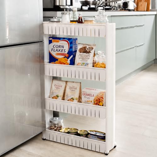 Image of JD FRESH 4-Tier Slim Rolling Storage Organizer Rack /Fridge Side Storage Rack /Plastic Trolley Storage Stand with Wheels /Floor Standing Cabinet for Bathroom and Kitchen Corner Area (White)