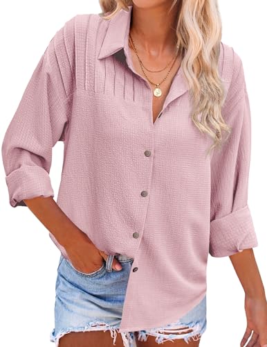 HOTOUCH Stripe Collared Shirt Womens Casual Long Sleeve Button-Up Collared Textured Lightweight Pleated Blouse Pink XL