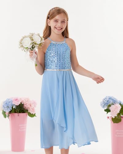 GRACE KARIN Flower Girls Chiffon Dresses A-Line Halter Junior Bridesmaid Girl Flowy Sequin Dresses Wedding Party Pageant Gown2