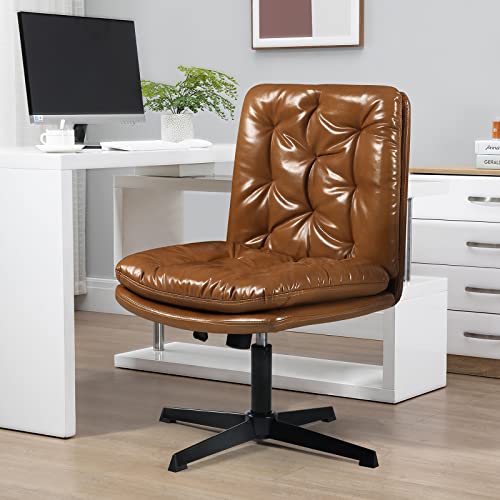Lemberi Armless Home Office Desk Chair No Wheels, Pu Leather Upholstered Mid-Back Comfortable Computer Chair, Height Adjustable Modern Swivel Vanity Task Chairs For Living Room, Small Space #TOP6