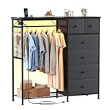 DUMOS Dresser for Bedroom with Hanging Rack, 6 Drawer Fabric Dresser with Charging Station and LED Lights, Closet Organizer & Storage Tower for Living Room, Entryway, Apartment, Grey