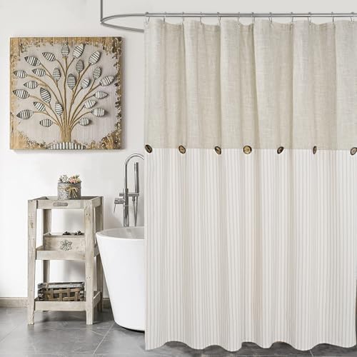 DOSLY IDÉES Farmhouse Shower Curtain,Beige and Beige Stripe,Button Curtain,Linen and