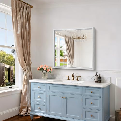 Image of 30 x 30 inch Brushed Silver Bathroom Mirror, Metal Framed Square Mirror, 0.6 inch Thickened Deep Frame Mirrors for Living Room Bedroom Entryway, Tempered Glass, Antirust, Horizontal or Vertical