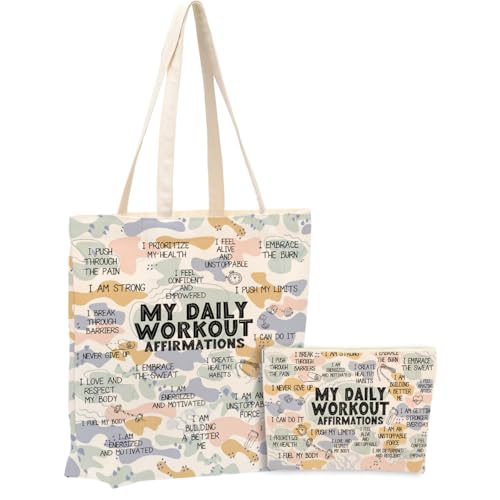 Daily Affirmations for Women, 2PCS Cosmetic Bag Canvas Tote Bag Beach Bags with Pocket Makeup Bags,Workout Gifts for Women Inspirational Mental Health Gifts for Female Friend Birthday Friendship