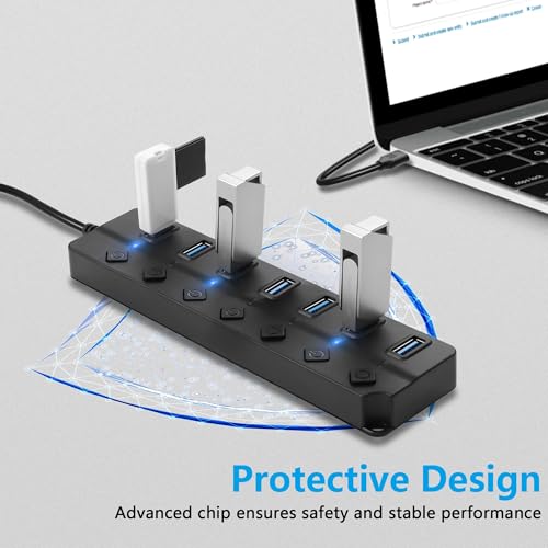 CERRXIAN USB Hub, 7Port USB Hub Splitter with Individual On/Off LED Switches 6.6ft/2m Long Cable, Multi Port Expander, Fast Data Transfer USB Splitter for Laptop, PC,Mobile HDD - Thumbnail 3