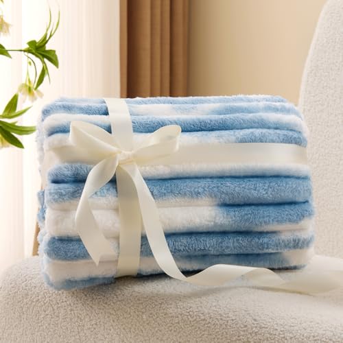 Image of BEDELITE Ribbed Twin Blanket for Couch & Bed, Blue&White, 60 inchx80 inch | Ultra-Soft Plush Fleece, Cozy, Warm Yet Lightweight, Ribbed Texture, Home Decor, Machine Washable, Giftable, All-Season Use