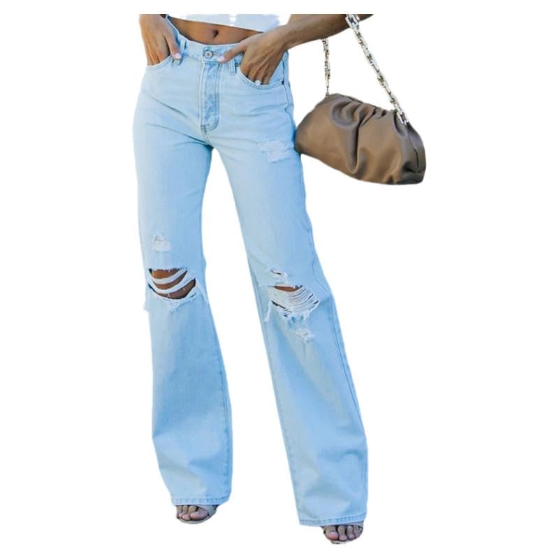 Women's Jeans for Autumn and Winter 2024, Straight Tube Loose Fit Slimming Temperament Casual Distressed Denim Pants Trendy2