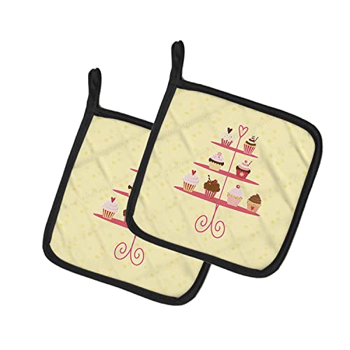 Caroline's Treasures BB7289PTHD 3 Tier Cupcakes on Yellow Pair of Pot Holders Kitchen Heat Resistant Pot Holders Sets Oven Hot Pads for Cooking Baking BBQ, 7 1/2 x 7 1/2