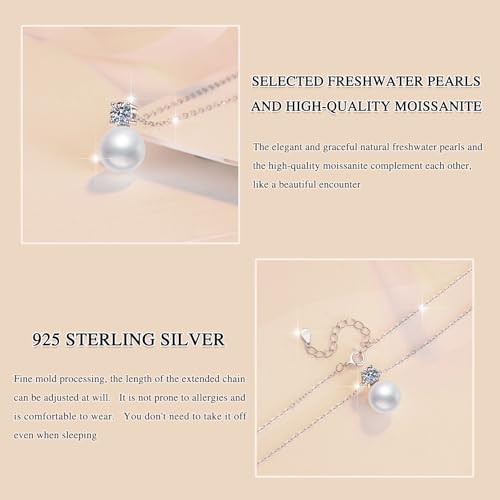 S925 Sterling Silver Pearl Pendant& Moissanite Necklace for Women - 8mm Freshwater Cultured Pearl, 0.3ct D/VVS1 Moissanite Pendant, Adjustable Chain,Gifts for Women3