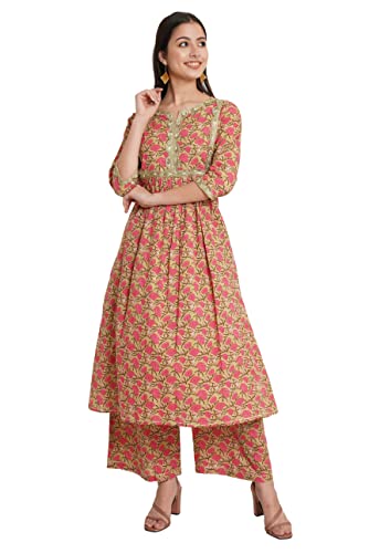 Image of Amazon Brand - Anarva Jaipuri Cotton Printed Straight Kurta with Palazzos Set for Women