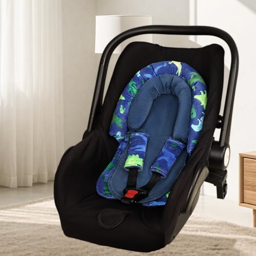 Image of TANOFAR Baby Car Seat Head Support with Extra Headrest, 2-in-1 Baby Body Supports with Shoulder Pads Set for Newborn, Adjustable Infant Car Seat Insert Compatible with Stroller, Swing (Blue Dinosaur)