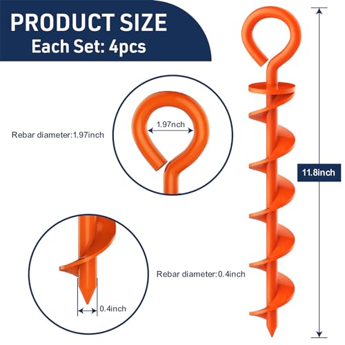 Image of Eurmax USA Canopy Tent Stakes Dog Tie Out Stakes Corkscrew Shape Steel Trampoline Stakes with Iron Rod Installation Tool & 4 Wind Ropes - Set of 4 (Orange)