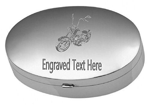 Pilulier de poche argent sterling avec moto gravée pour comprimés et gélules