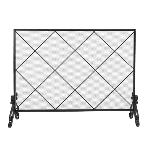 Parascintille per Camino a Pannello Singolo in Ferro, Protezione Antiscintille/parafuoco in Ferro con Griglia Decorativa a Rombi (105x22,5x81,5 cm)(Black)