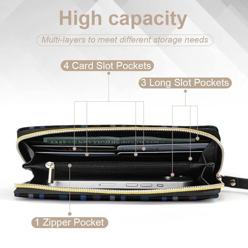 Striped CheckedPrint Long Wallets PU Leather Clutch Purse Card Holder Wallet, with Wristlet Zip Around Long Wallet for Women & Men4