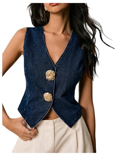 OYOANGLE Women's Denim Vest Metal Decor Sleeveless V Neck Jean Vest Going Out Tops