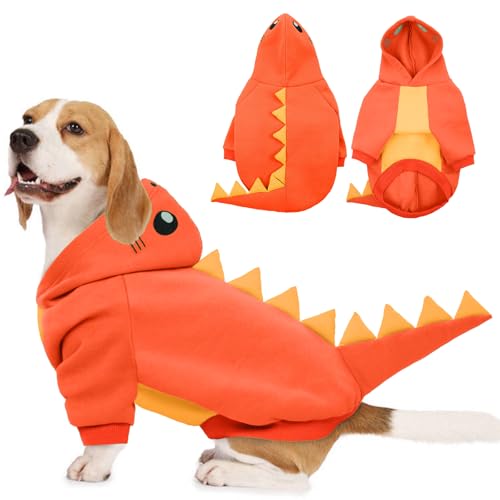 Lelepet Dinosaur Costume - Large Dog Halloween Costume, Warm Fleece Hoodie for Small Dogs, Thick Sweatshirt, French Bulldog, Beagle, Lab, Dachshund, Greyhound, Pitbull, Orange （XS-2XL Large