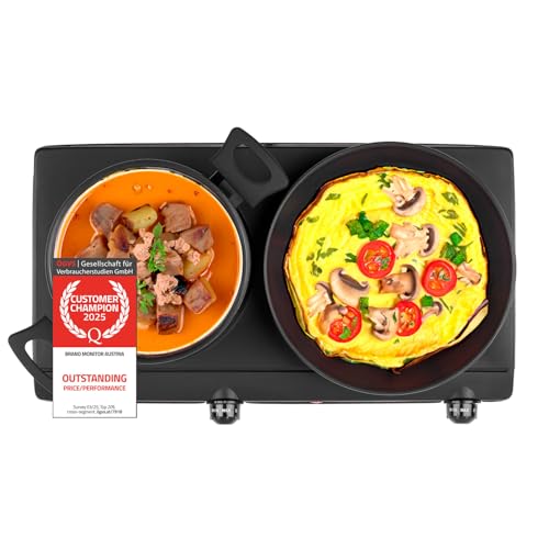 TZS First Austria - Placa de cocción doble infrarroja vitrocerámica TODOS los tipos de ollas 2500W - Mini hornillo eléctrico para mudanza, camping y hogar - Regulación continua y luz de control