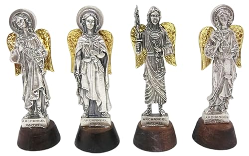 Kit 004 Stock Lot de 4 figurines Argent avec Base Bois Ange Archange Michael Gabriele Raffaele Uriele avec Ailes Or Doré