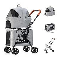 Cat Dog Strollers Pushchair Great for Twin Or Multiple, Foldable Double Pet Stroller for 2 Dogs/Cats, Double-Layer Pet Trolley Breathable Travel Carrier Detachable Cage(Gray a)