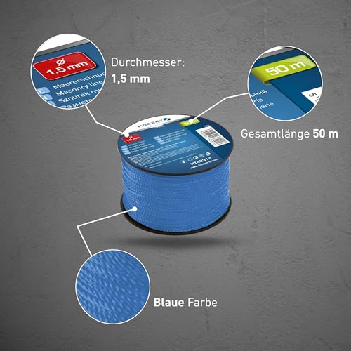 HÖGERT TECHNIK - Mauerschnur, Bauschnur, Pflasterschnur, Nivellierschnur, reißfest und belastbar, 50 Meter lang, Ø 1,5 mm, Leicht sichtbare blaue Farbe