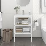 Tonture Mobiletto da bagno con lavandino bianco in ferro verniciato a polvere, 59 x 38 x 83 cm, lavabo da incasso in ceramica con troppopieno, moderno mobile da bagno per bagno e WC