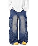 Chmnigma Baggy Cargo Jeans for Women Men Y2K Cargo Denim Sweatpants Low Rise Wide Leg Pants Streetwear Clothes(Blue/L)