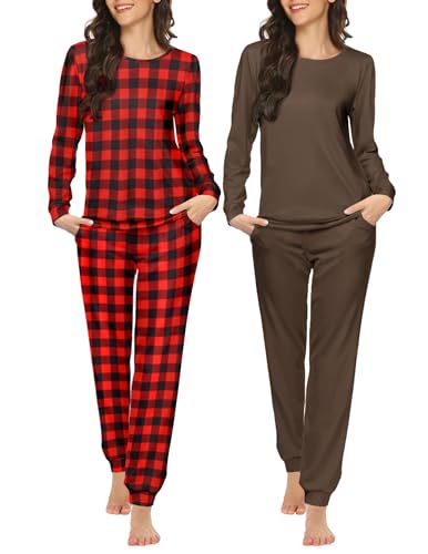 Image of Ekouaer 2 Pack Pajama Sets for Women,Long Sleeve Top With Jogger Pants Lounge Set Sleepwear with Pockets