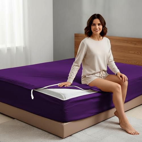 Zipper Fitted Sheet King-1 Base 16"+ 2 Zip On Sheets Cotton Purple