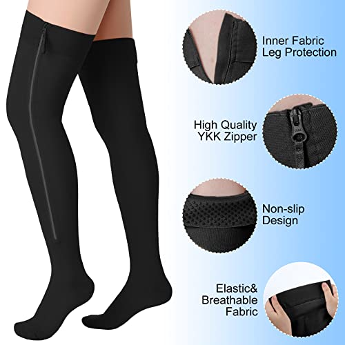 2 Pairs Zipper Compression Socks Thigh High 20-30 Mmhg Compression Socks With Zipper Closed Toe Thigh High Compression Stockings For Women Men Swelling (Black, 3X-Large) #TOP4