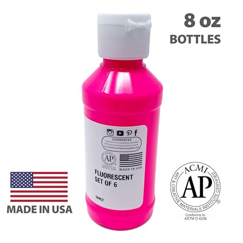 Image of milo Fluorescent Acrylic Paint Set of 6 Colors | 8 oz Bottles | Student Neon Colors Acrylics Painting Pack | Glows UV in Black Light | Non-Toxic Arts & Crafts Paints for Artists & Hobby Painters | Made in USA | Glows in Black Light, AP Certified Non-Toxic, Made in USA, Arts & Crafts Paints for Artists, Student, Hobby Painters, Mixable