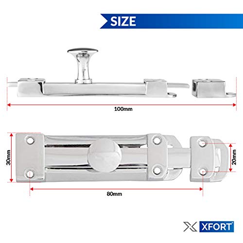 XFORT® 2 Pack Polished Chrome Door Bolt, Surface Mounted Sliding Door Lock, Durable Door Lock Bolts Ideal for Securing Internal Doors for Bedrooms, Bathrooms, Cupboards and Storage Units (100mm)