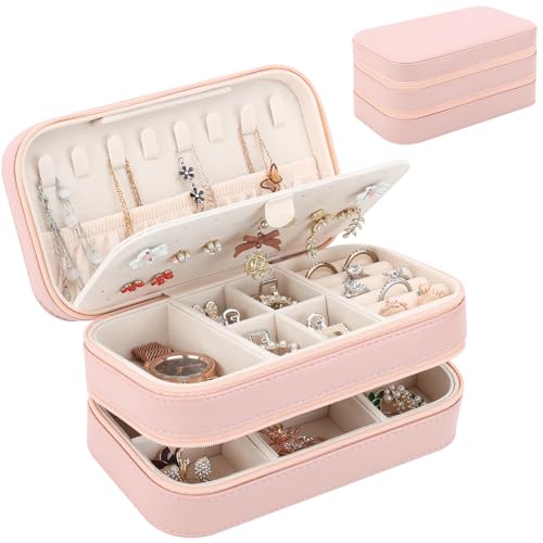 DesignSter Small Travel Jewelry Box with Double Zipper, 2 Layers PU Portable Jewelry Case for Women...