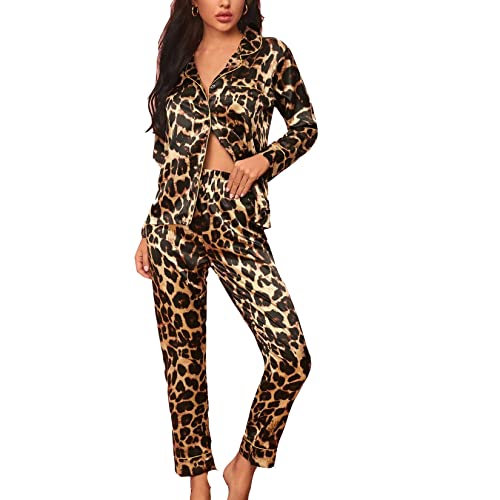 Pyjamas soyeux léopard pour femmes : ensemble boutonné 2 pièces chic