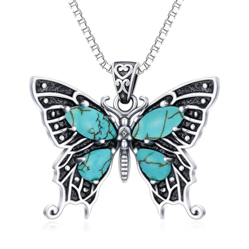 Genuine Butterfly Turquoise Vinatge Necklace, Sterling Silver Vintage Native American Western Jewelry Birthdays Gift for Women