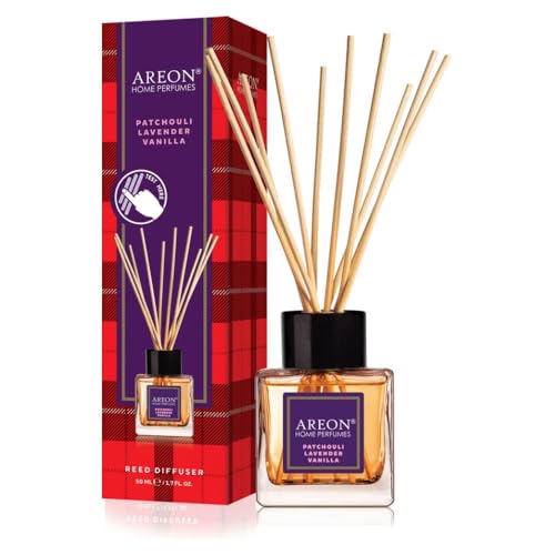 Areon Home Luxury Perfume Reed Diffuser + 10 Rattan Reeds, Patchouli Lavender Vanilla 50 ml