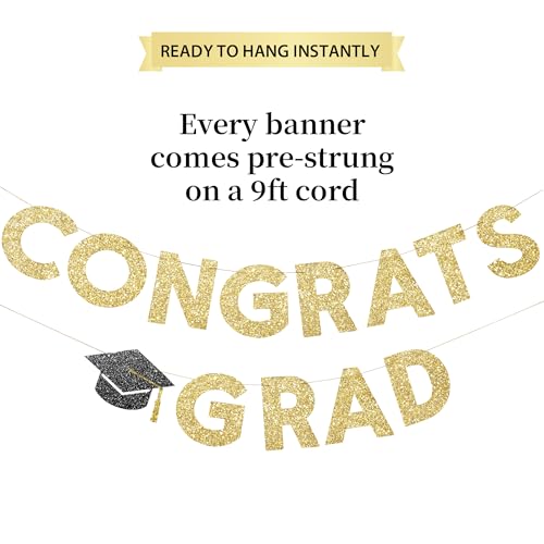 Image of Congrats Grad Banner Gold Glitter Pre-Strung Congrats Grad Sign - 8ft -No DIY - Graduation Party Decorations for Class of 2026 Graduation Decorations