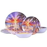 GOFUNFUN 12 Piece Melamine Plates and Bowls Set - Beach Sunset Melamine Dinnerware Set for 4，Unbreakable Dishes Set，Stackable Lightweight Plates & Bowls for Indoor & Outdoor Use，Tropical Sunset