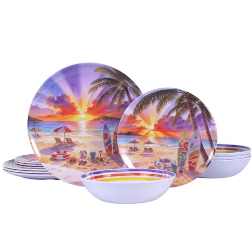 Image of 12 Piece Melamine Plates and Bowls Set, Beach Sunset