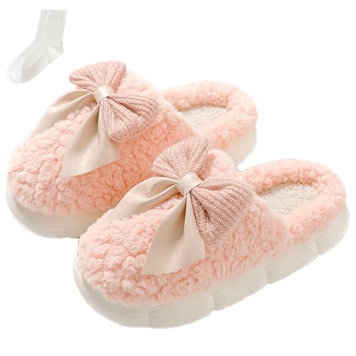Bow Slippers, Womens Plush Fluffy Winter Warm Fur Lined slippers, Slip On House Slippers - Main Image