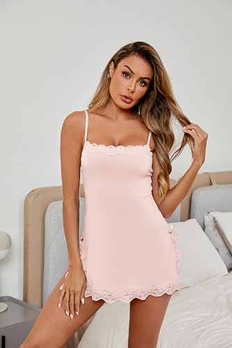 Image of Donnalla Womens Lingerie Sexy Nightgown Lace Babydoll Chemise Side Slit Sleepwear Boudoir Outfit for Women S-XXL