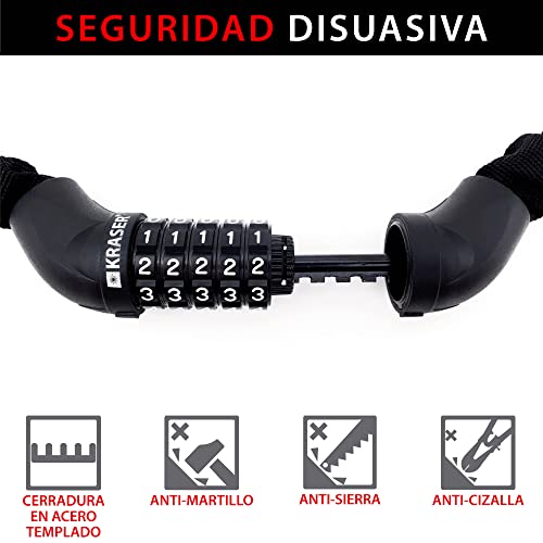 KRASER KR610 Candado Bicicleta Antirrobo, Cadena de Seguridad con Código 5 Digitos más Seguro, Eslabones Acero ø8mm Más Gruesos y Resistentes con Funda Nylon para Bici Scooter Patinete Bike Lock,100cm - imagen 5