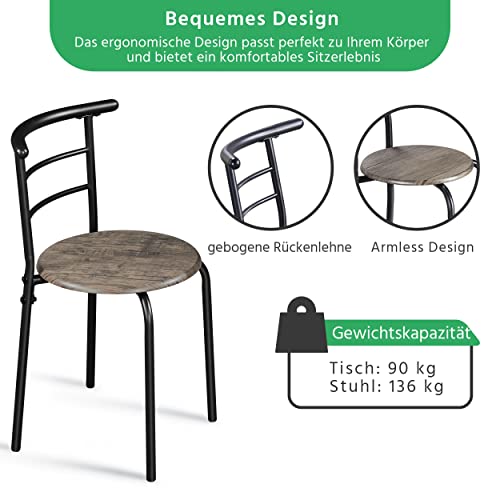 Yaheetech Esszimmerstühle, Essgruppe für 2 Personen, Tischgruppe mit Holzbein, 1 Esszimmer mit Ablagefach und 2 Küchenstühl mit Rückenlehne, 80 x 53 x 73,5 cm Driftwood Braun
