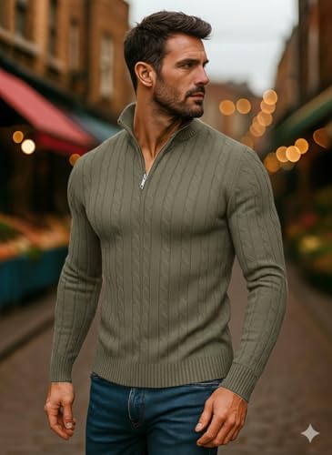 Image of TYSORT Men High Neck Zipper Full Sleeve Cable Knitted Winter Sweater,Cable Knit Sweater for Men